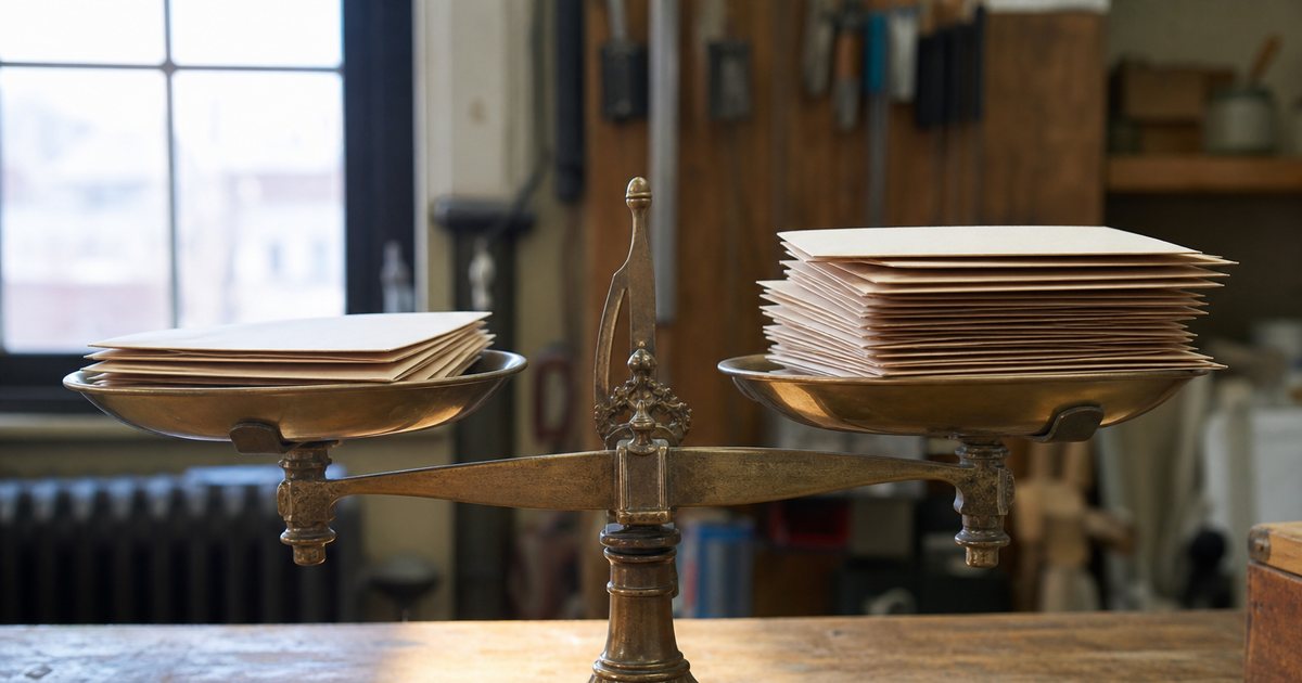 An old-fashioned brass balance scale on a wooden workbench with a small stack of plain envelopes on one pan and a larger stack on the other, workshop window light