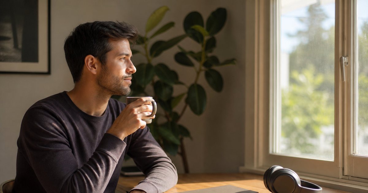 A person sitting at a small wooden desk beside a sunlit window in a home office, holding a ceramic mug, a closed blank notebook and a pair of over-ear headphones on the desk, houseplant in the corner, soft morning light, warm neutral colors