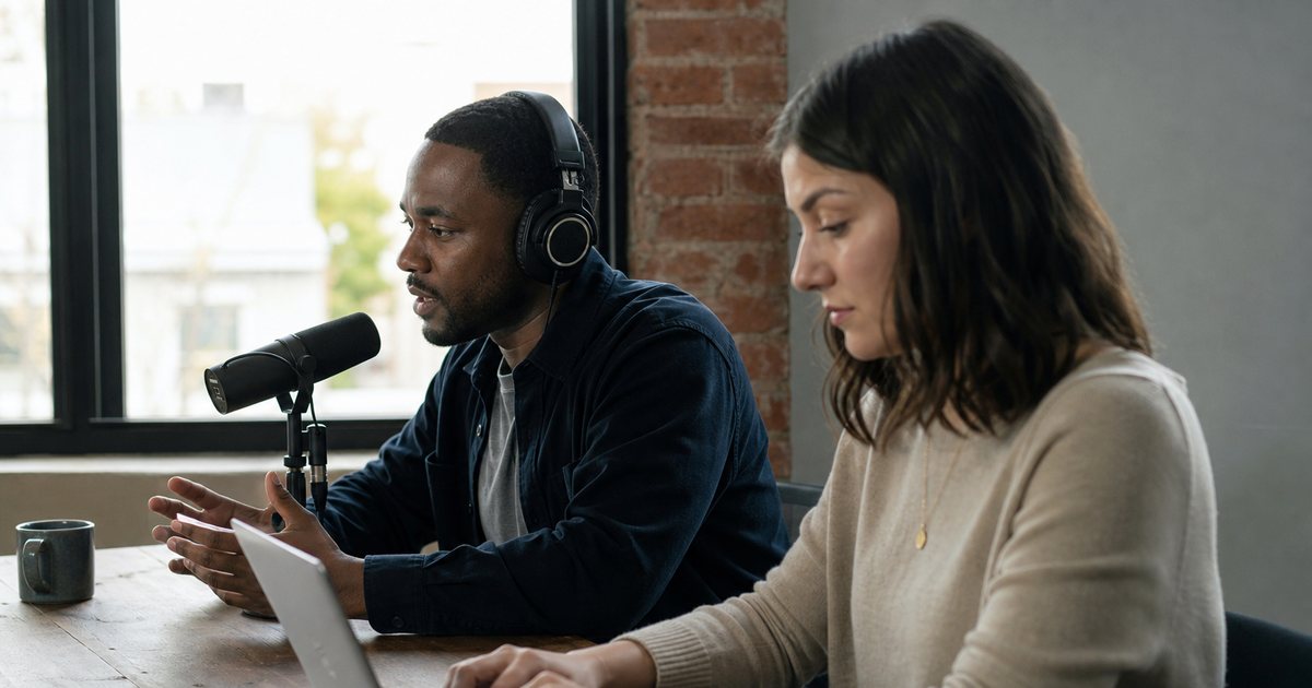 A podcaster wearing over-ear headphones speaking into a microphone in a small studio, and beside them a writer typing on a laptop, both at one long wooden table with a window behind them