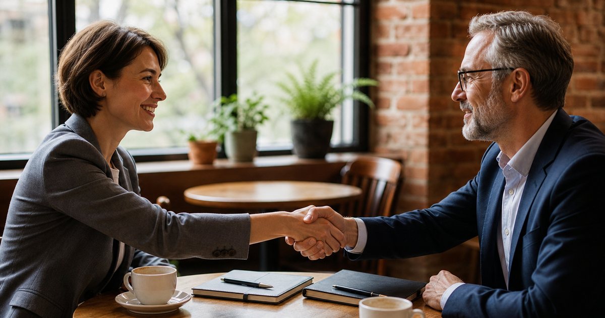 Two people shaking hands across a cafe table with two closed notebooks and pens between them, warm interior with exposed brick, coffee cups, natural window light