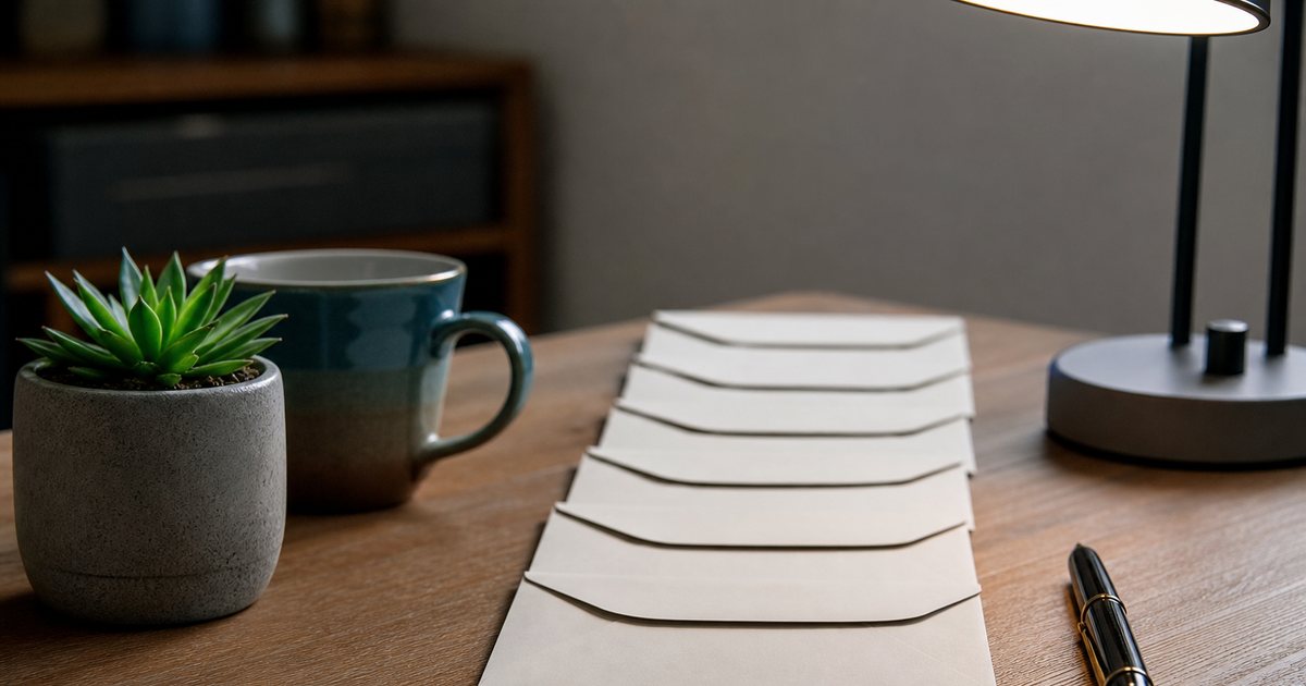 A tidy desk with a row of small plain paper envelopes lined up beside a fountain pen, a potted succulent and a ceramic mug, soft light from a desk lamp