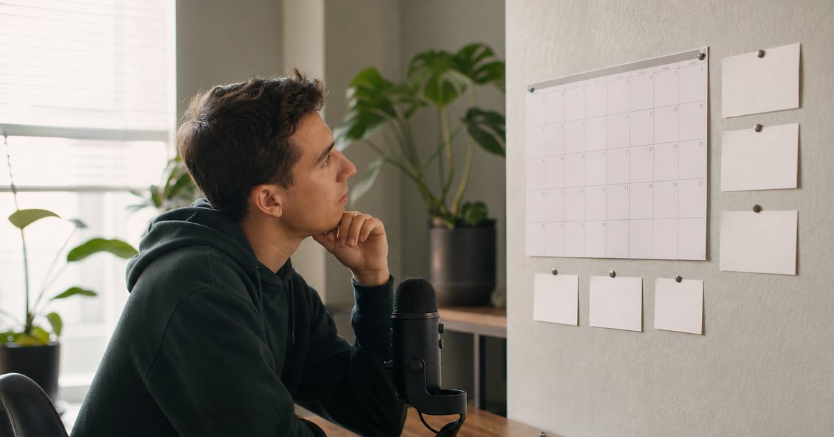 A young creator at a home desk with a single microphone and a closed notebook, looking thoughtfully at a wall calendar with blank index cards pinned beside it, houseplant and window light