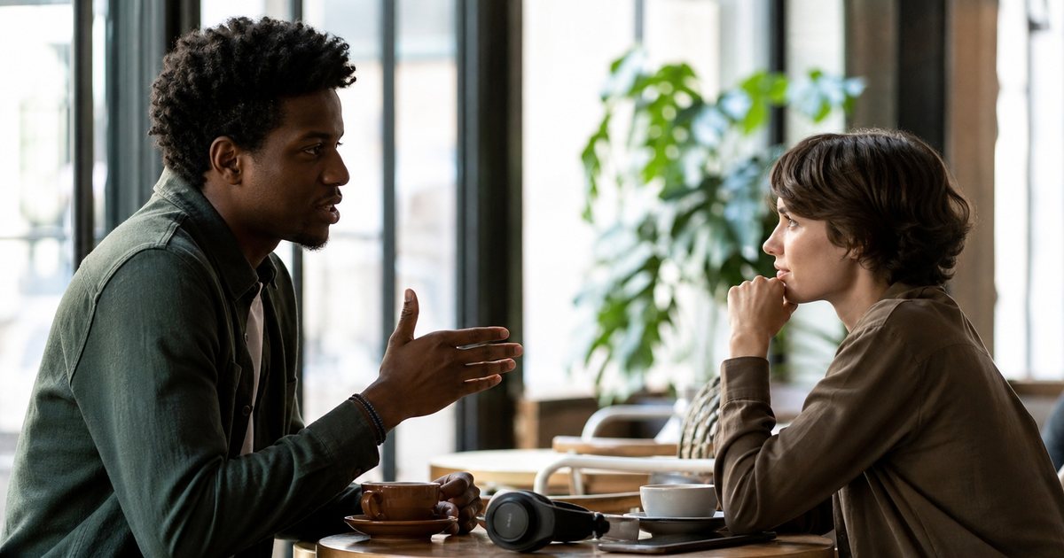 Two creators sitting across a small round table in a bright cafe with large windows, coffee cups and a pair of headphones between them, one gesturing mid conversation, natural daylight, warm wood and plants in the background