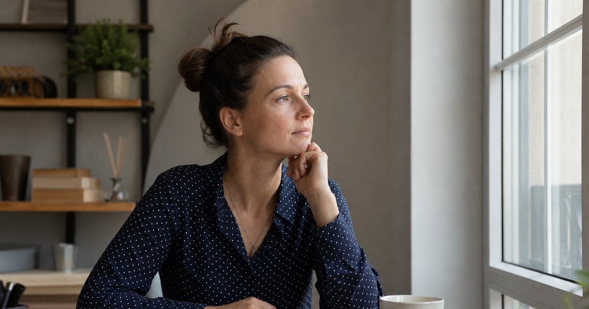 A person sitting at a home office desk, chin resting on one hand, looking out a window, an open blank notebook and a cooling cup of tea beside them, soft afternoon light