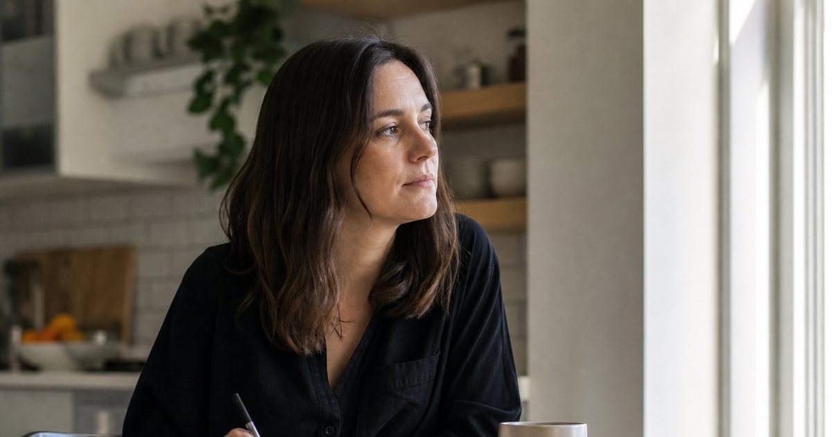 A writer at a sunlit kitchen table with a pen poised over an open paper notebook, a ceramic coffee mug and a closed laptop beside it, morning light through a window